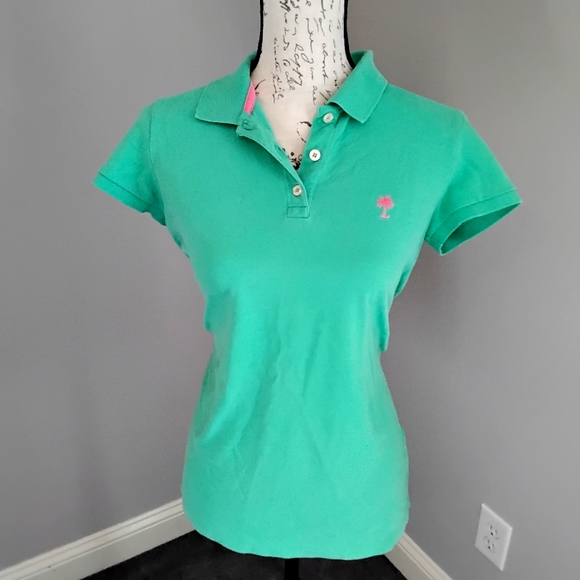 Lilly Pulitzer Island Polo Green & Pink Palm - M - Picture 2 of 7